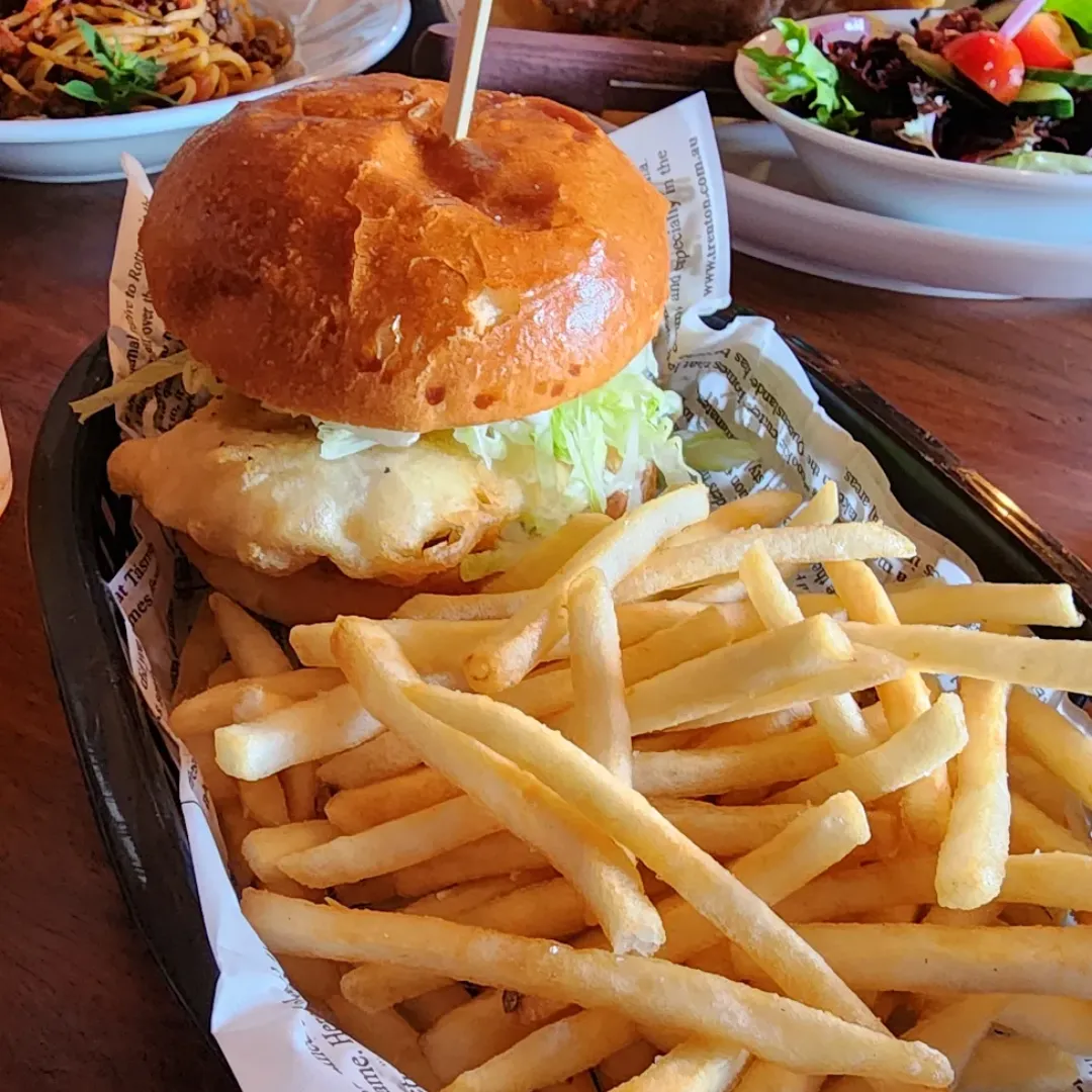 Crispy gummy shark burger with tartare sauce